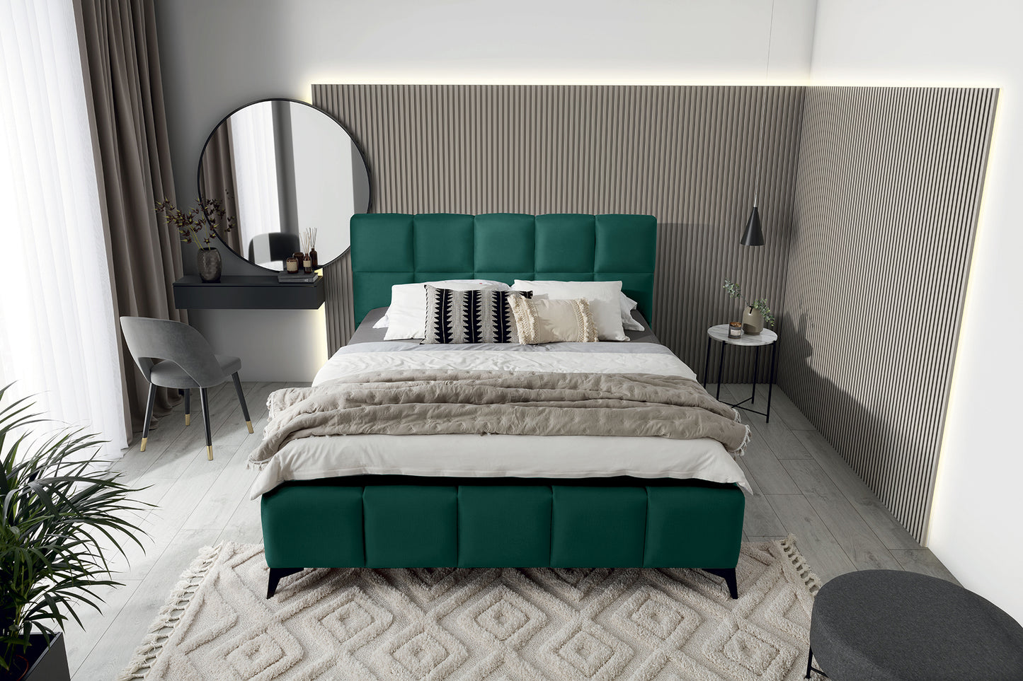 Łóżko Mist w kolorze Velvetmat 38 zielony, rozmiar 140x200 cm, widok z góry w aranżacji przytulnej sypialni.
