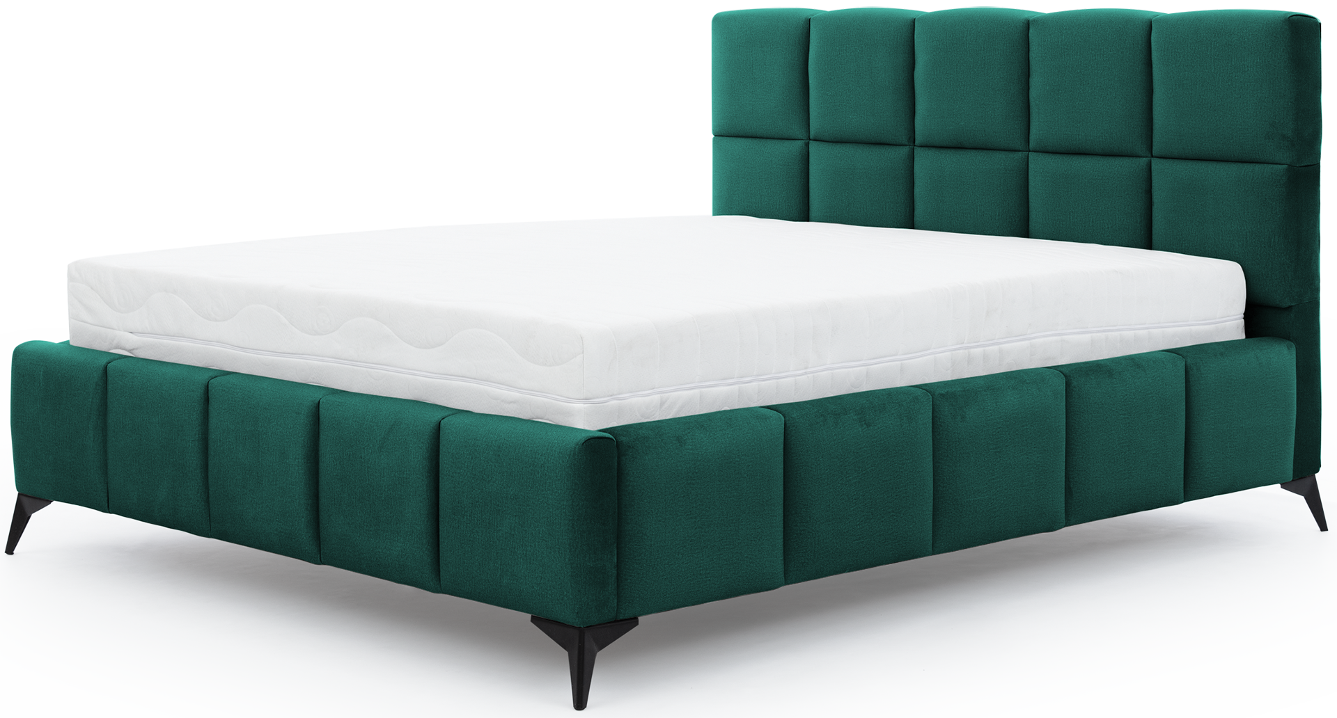 Łóżko Mist w kolorze Velvetmat 38 zielony, rozmiar 140x200 cm, widok na wprost z materacem i tapicerowanym zagłówkiem.