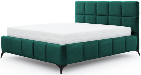 Łóżko Mist w kolorze Velvetmat 38 zielony, rozmiar 160x200 cm, widok na wprost z materacem i tapicerowanym zagłówkiem.