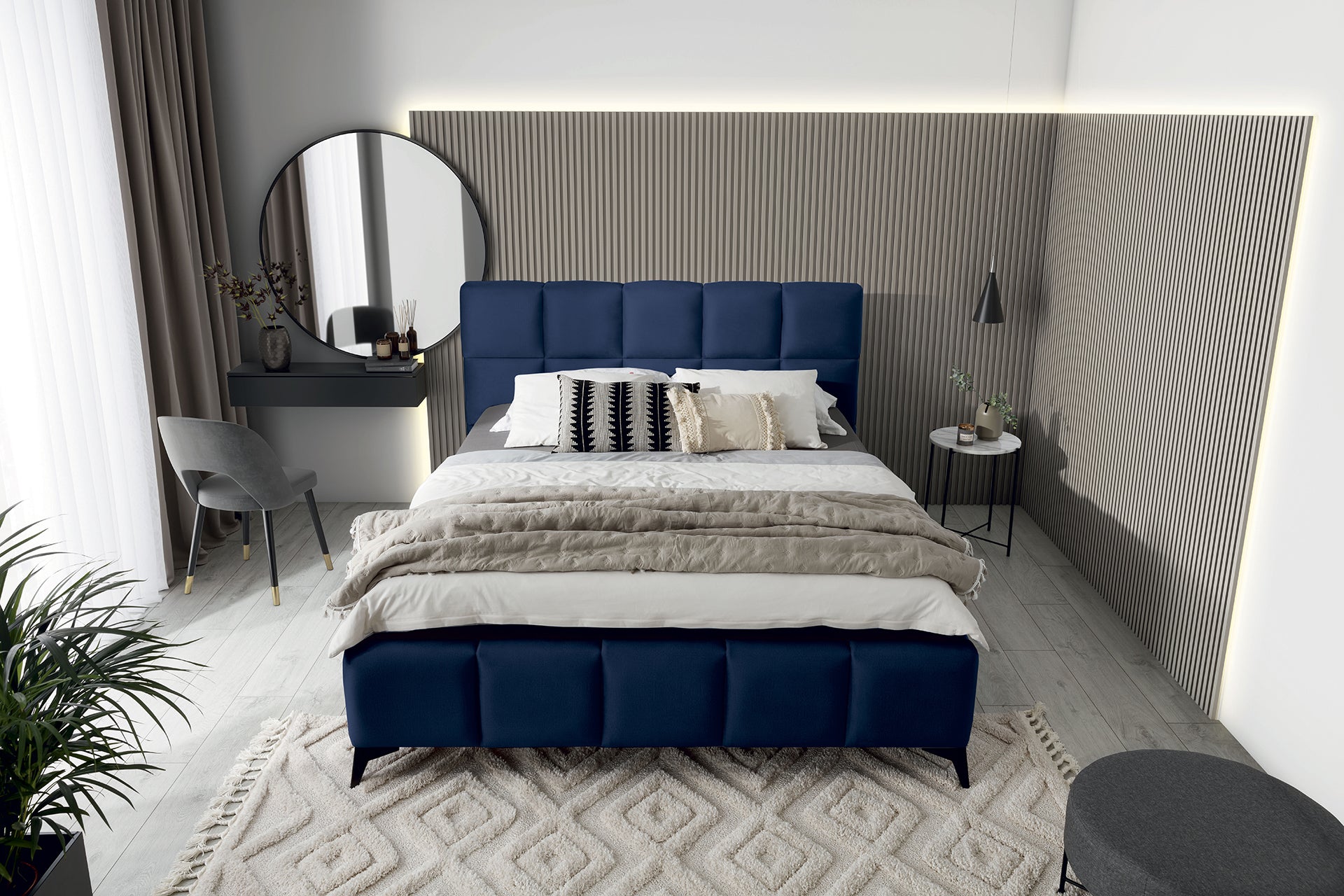 Łóżko Mist w kolorze Velvetmat 40 granatowy, rozmiar 180x200 cm, widok z góry w aranżacji przytulnej sypialni.