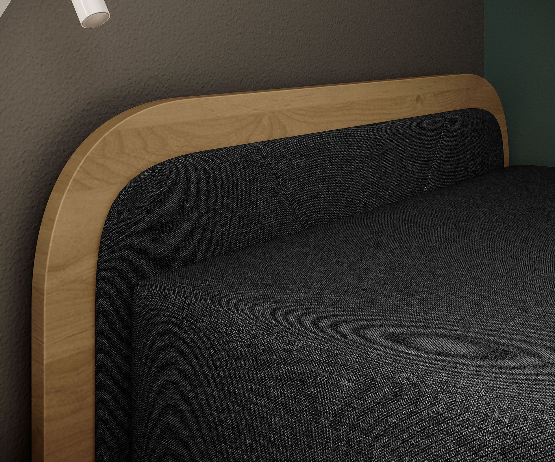 Zbliżenie na tapicerowany zagłówek łóżka Parys Sawana 14 czarny z obramowaniem z jasnego drewna (układ lewy).