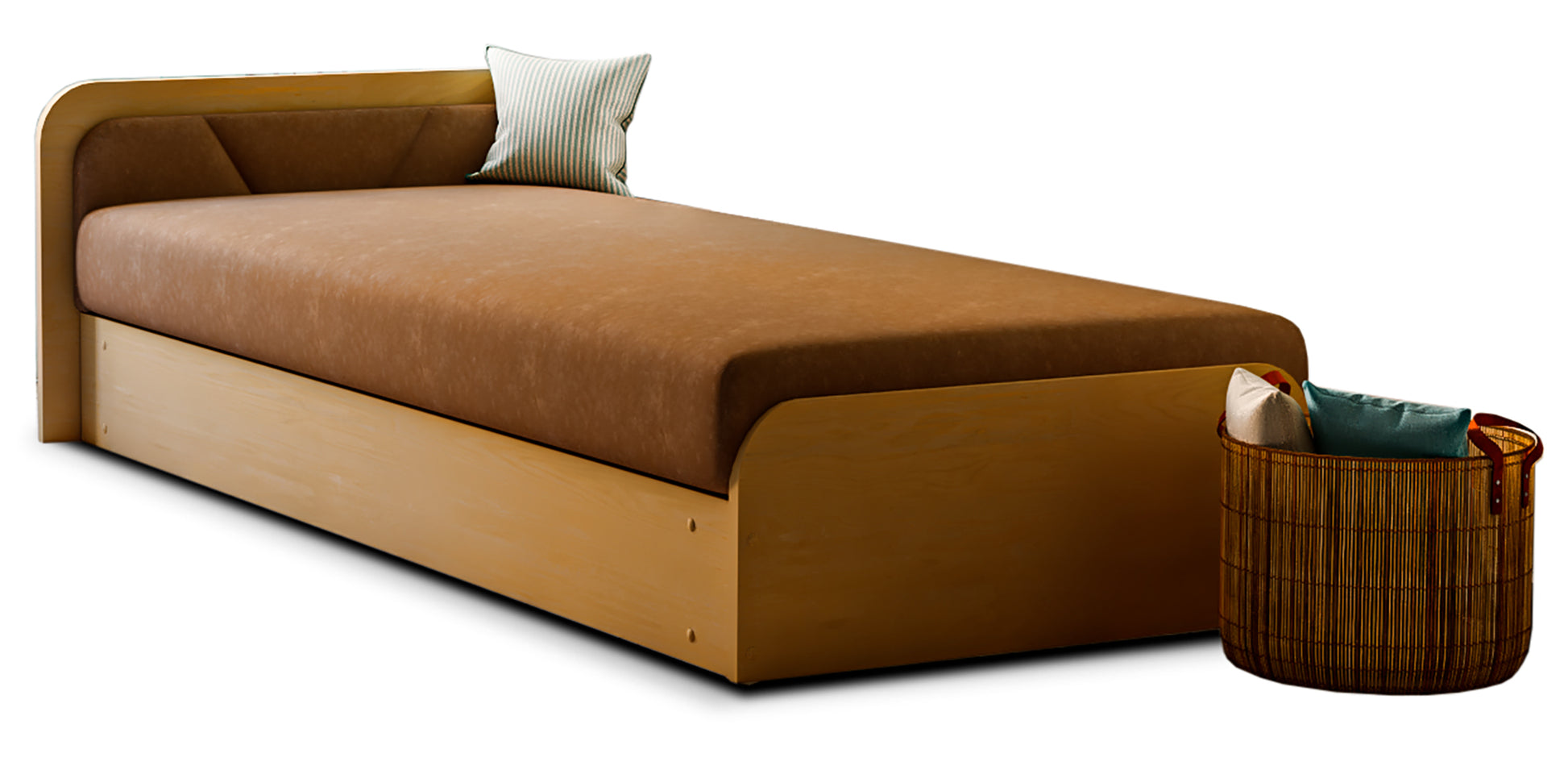 Łóżko Parys w tkaninie Sawana 67 brązowy w układzie lewym na białym tle z jasnobrzozową ramą i tapicerowanym zagłówkiem, obok kosza z poduszkami.