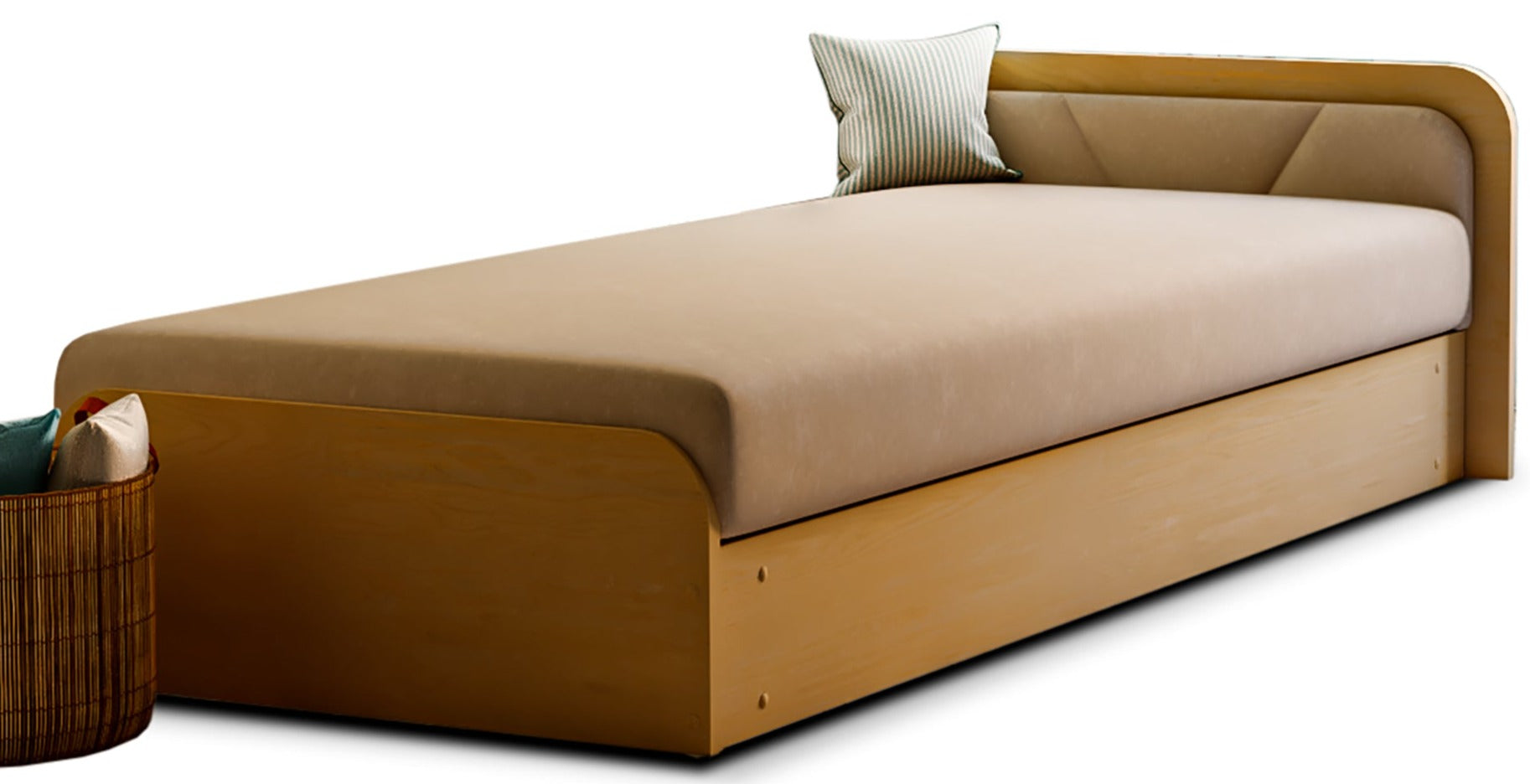 Łóżko Parys Alova 66 karmelowy w układzie prawym na białym tle z tapicerowanym zagłówkiem.