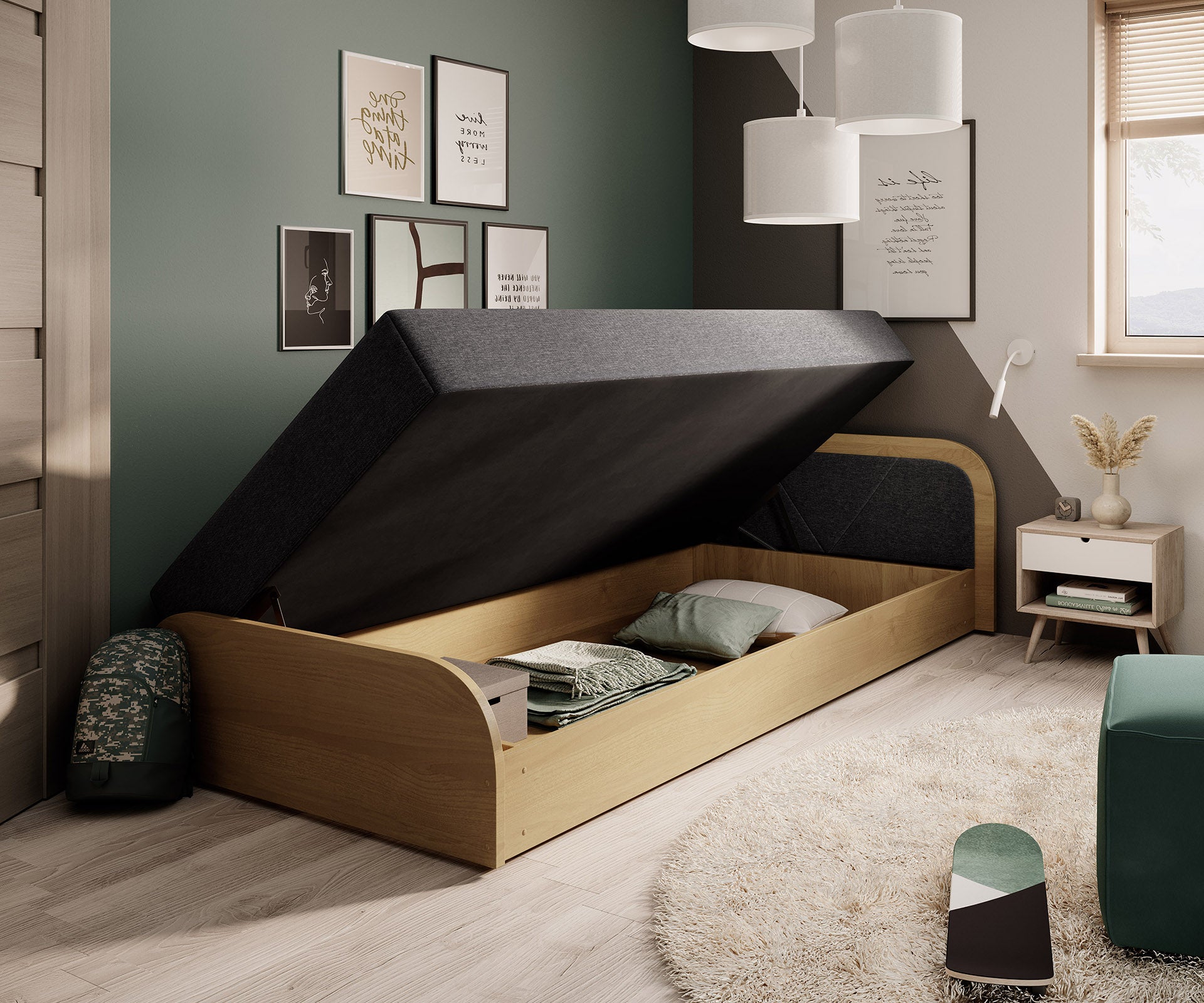 Łóżko Parys Sawana 05 ciemnoszary układ prawy ze wzniesionym materacem odsłaniającym pojemnik na pościel i akcesoria.