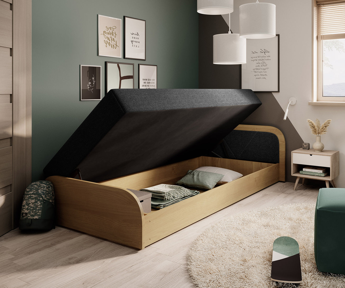 Łóżko Parys w tkaninie Sawana 14 czarny, układ prawy, z unoszonym stelażem odsłaniającym pojemną skrzynię na pościel i dodatki.