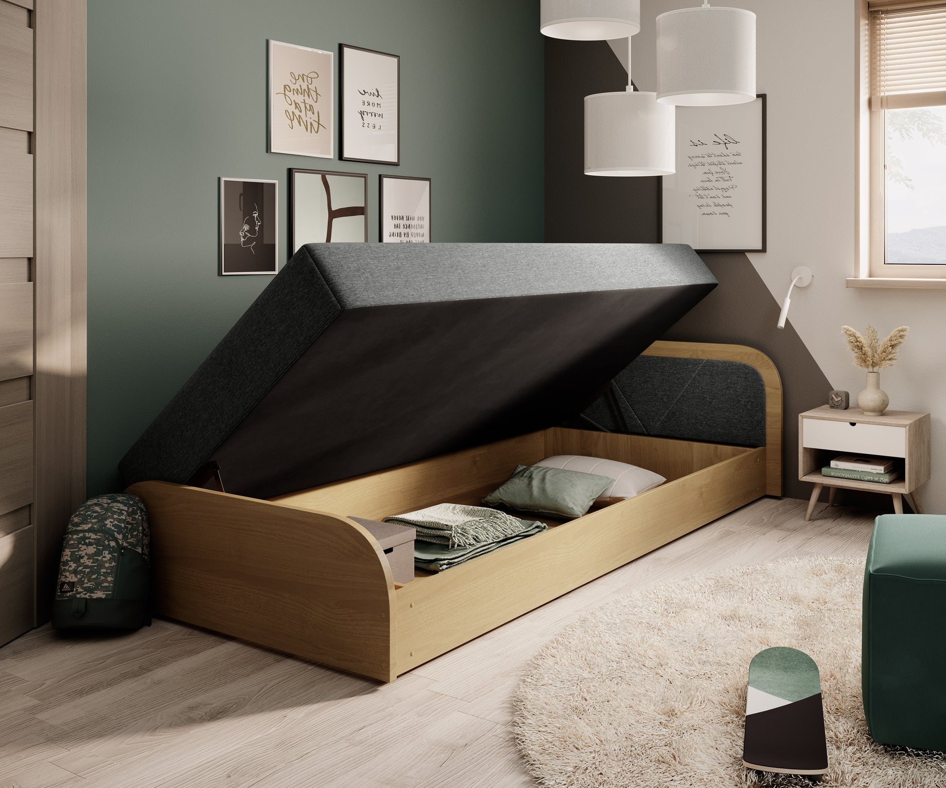 Łóżko Parys Sawana 21 szary, układ prawy, z unoszonym materacem odsłaniającym pojemną skrzynię na pościel i dodatki.