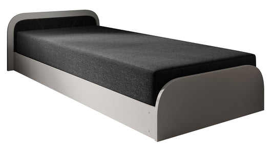 Łóżko Parys I w tapicerce Alova 04 czarny na białym tle, z lewostronnie ustawionym zagłówkiem i zaokrąglonymi krawędziami ramy.