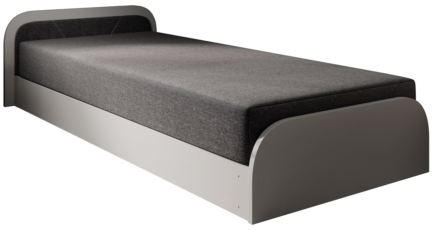 Łóżko Parys I w tkaninie Sawana 05 ciemnoszary, układ lewy, widok ¾ na obły front i tapicerowany zagłówek na białym tle.