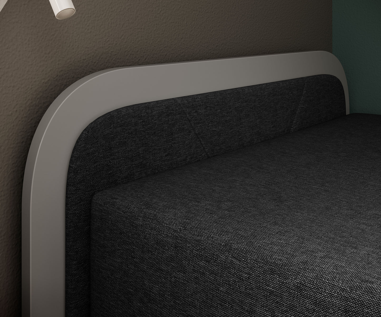 Widok na lewy, zaokrąglony front łóżka Parys I Sawana 14 (czarny) z połączeniem tkaniny i białego korpusu.