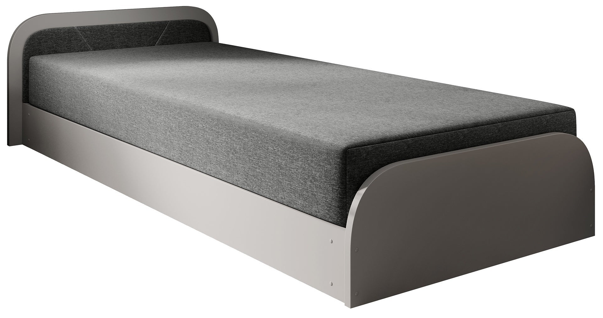 Obły front i tapicerowany zagłówek łóżka Parys I w tkaninie Sawana 21 (szary) widziane z lewej strony na białym tle.