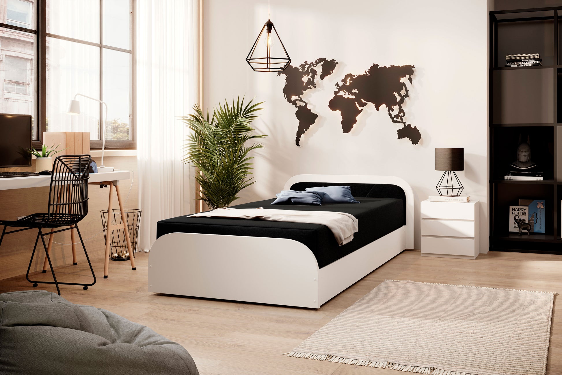 Widok wnętrza z łóżkiem Parys I w Alova 04 czarny, biała rama w prawym układzie, pod dekoracyjną mapą świata, obok biurka i pufy na jasnej podłodze.