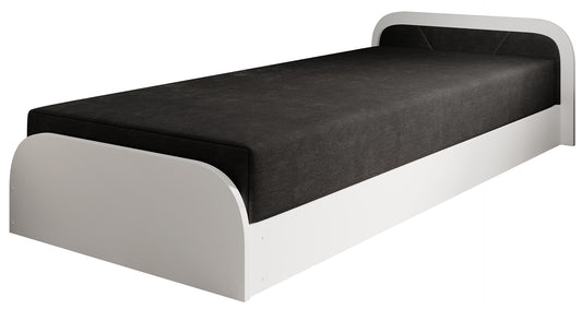 Łóżko Parys I w tapicerce Alova 04 czarny na białym tle, z prawostronnym ustawieniem zagłówka i zaokrąglonymi krawędziami ramy.