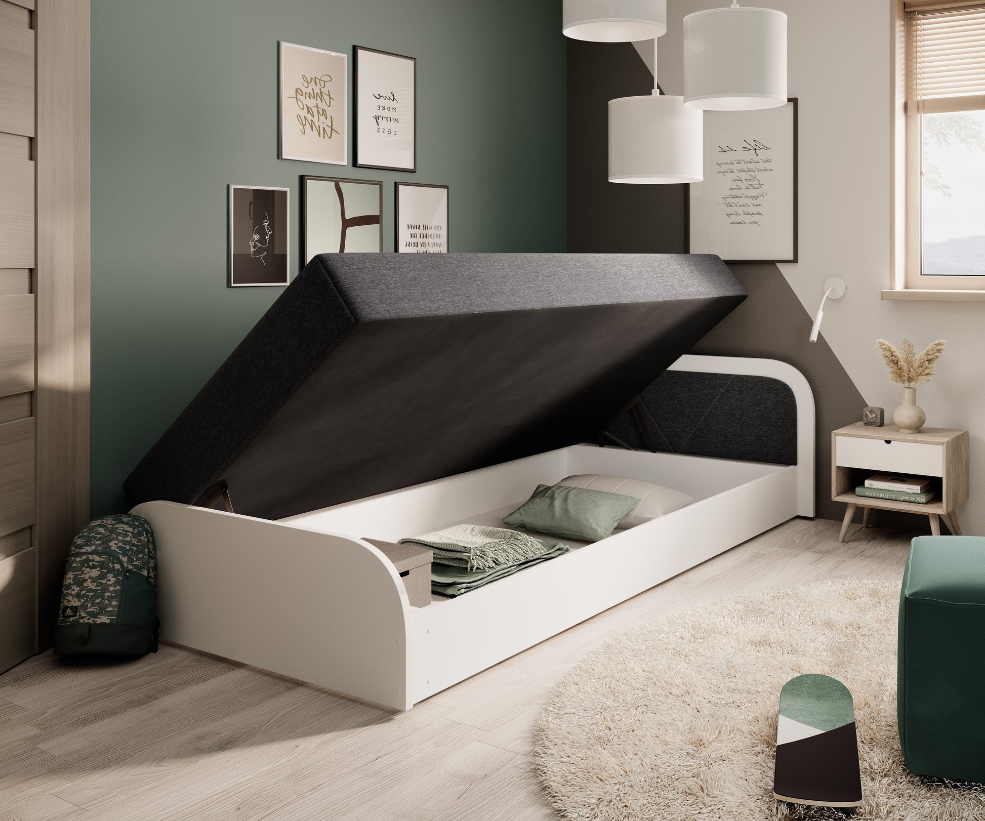 Łóżko Parys I Sawana 05 ciemnoszary, układ prawy, z podniesionym materacem odsłaniającym pojemną skrzynię do przechowywania.