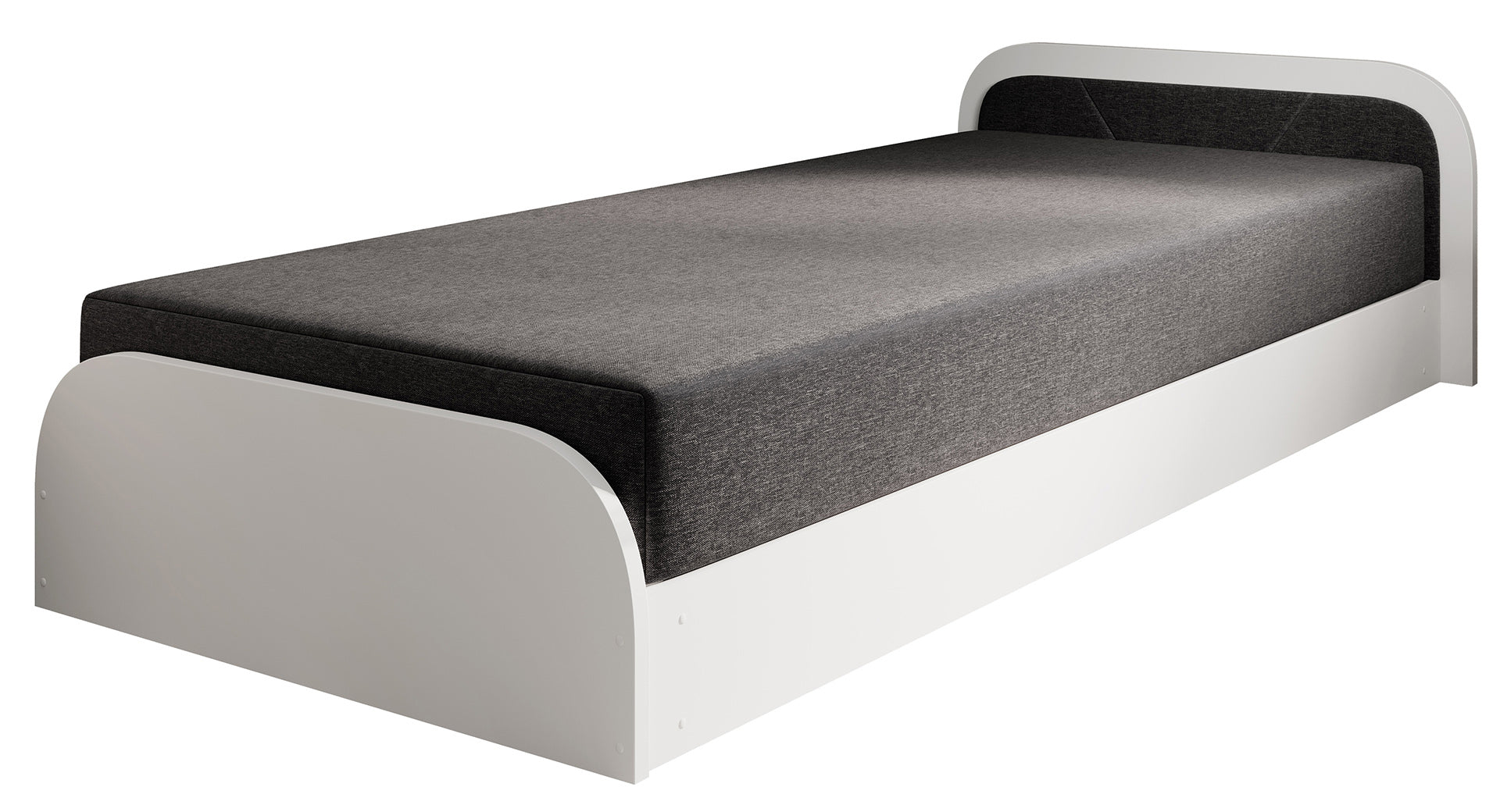 Łóżko Parys I w tapicerce Sawana 05 ciemnoszary, na białym tle, z prawostronnie ustawionym zagłówkiem i zaokrąglonymi krawędziami ramy.