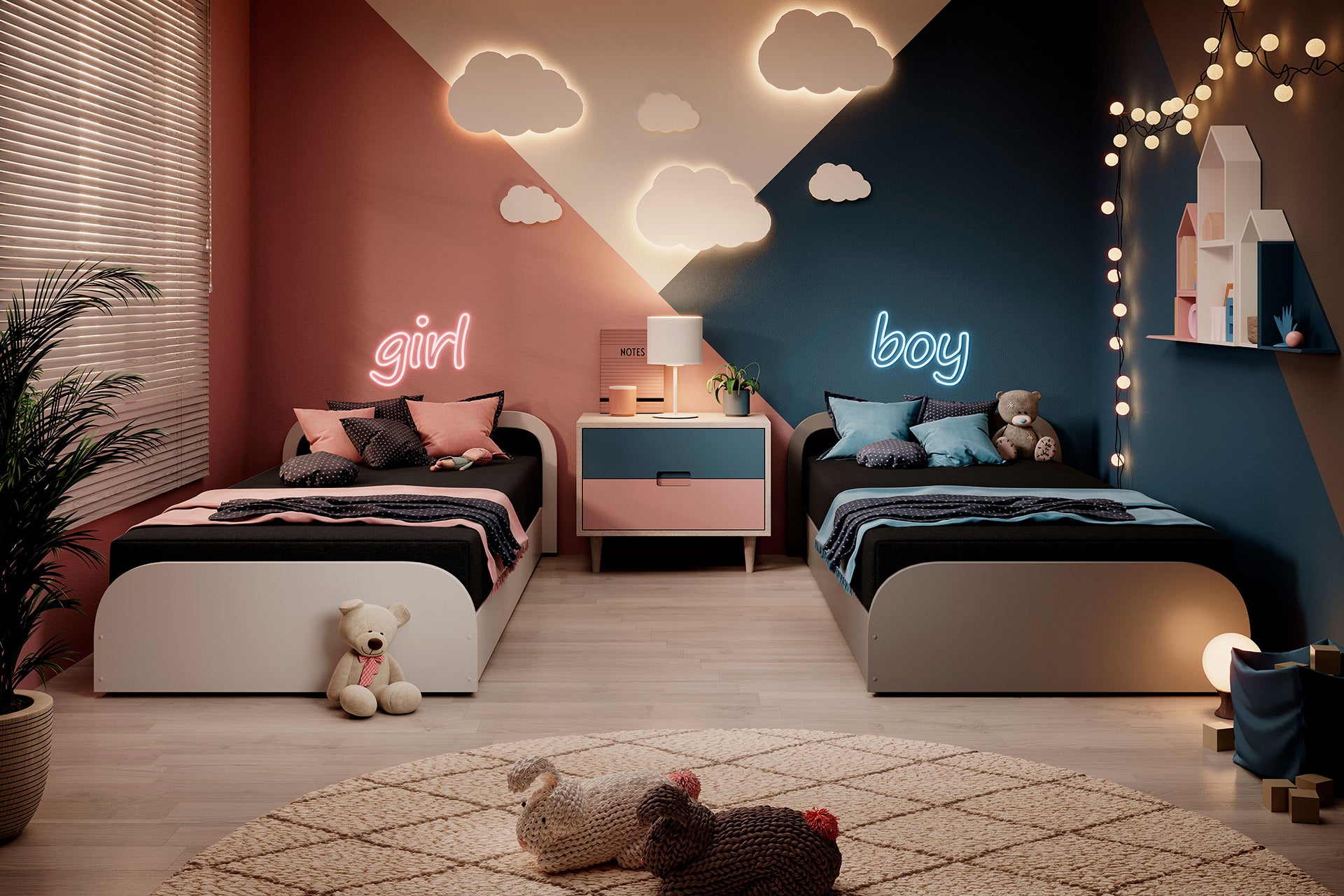 Dwa łóżka Parys II w tapicerce Sawana 21 czarny z białą ramą, ustawione w lewym układzie w pokoju rodzeństwa, z neonowymi napisami „girl” i „boy” oraz stylizowanymi chmurkami na ścianie.