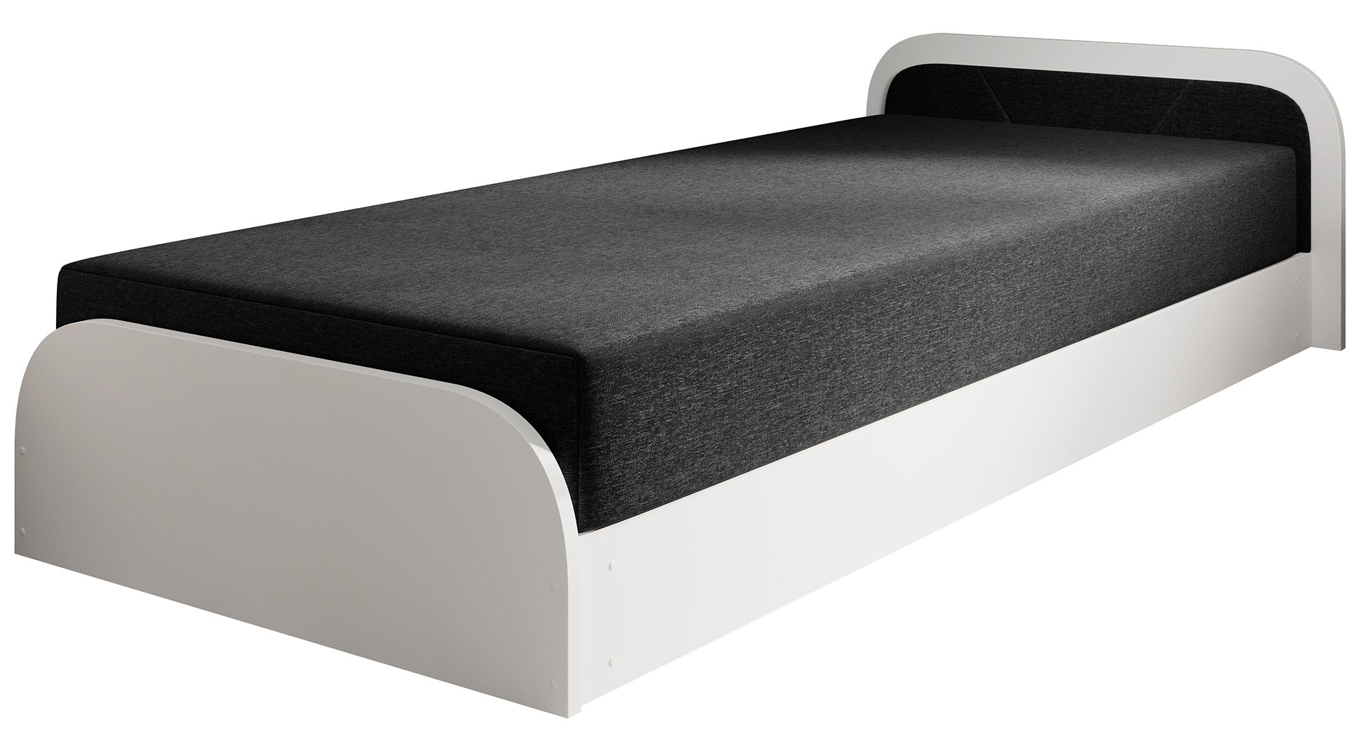 Łóżko Parys I w tapicerce Sawana 14 czarny, z prawostronnym zagłówkiem i zaokrąglonymi białymi bokami na białym tle.
