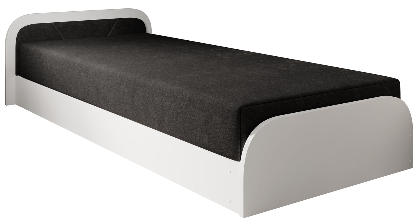 Łóżko Parys II Alova 04 (czarny, układ lewy) na białym tle, z zaokrąglonym białym stelażem i ciemnoszarym obiciem materaca.