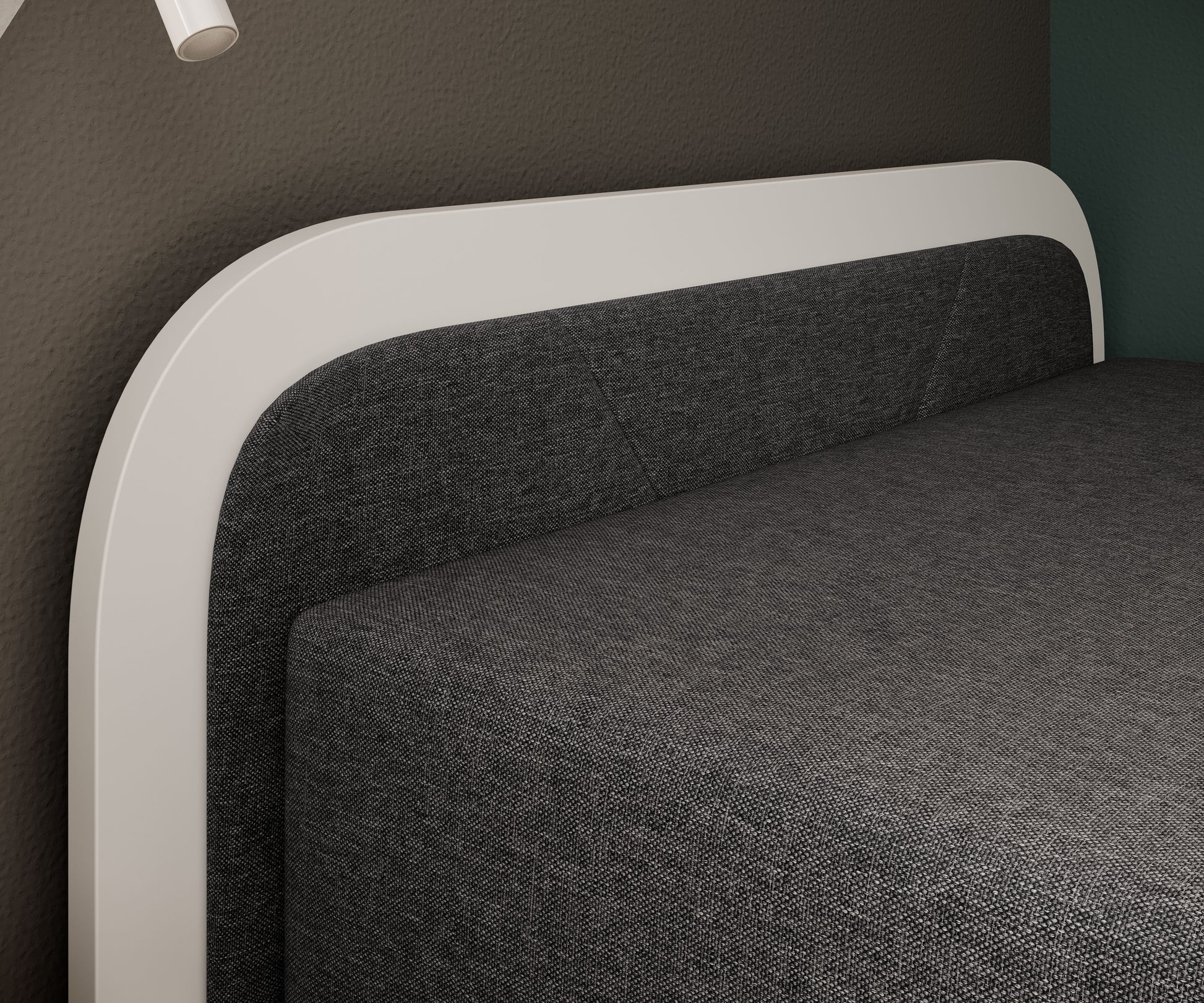 Widok zaokrąglonego białego zagłówka z tapicerowanym panelem w kolorze ciemnoszarym (Sawana 05) w układzie lewym.