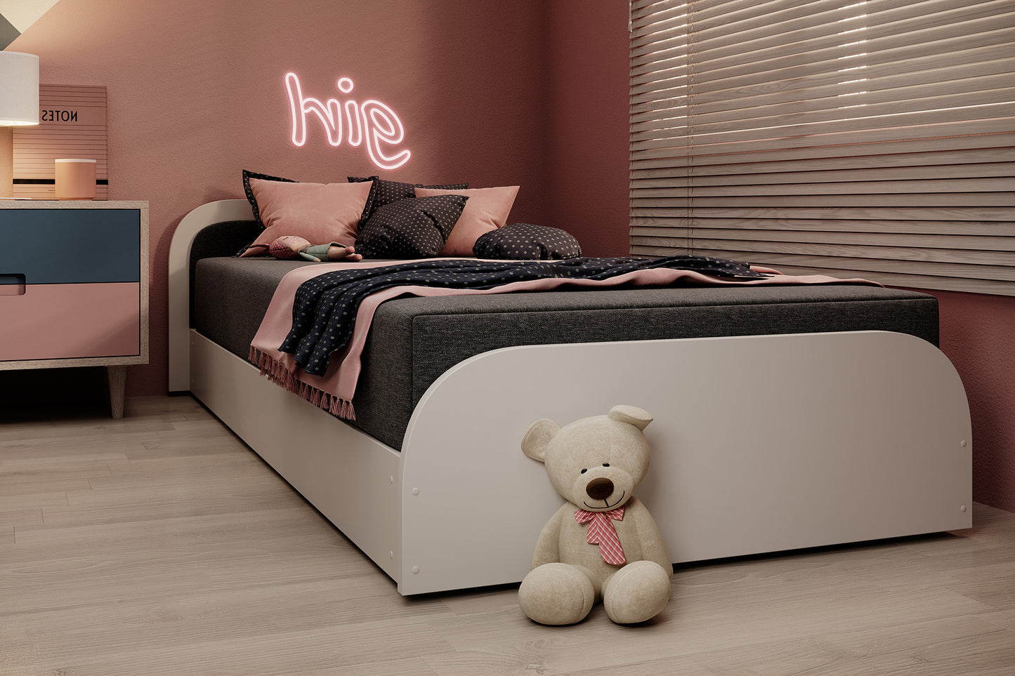 Łóżko Parys II Sawana 05 ciemnoszary układ lewy z pluszakiem na podłodze i pastelowym neonem „girl” nad wezgłowiem.