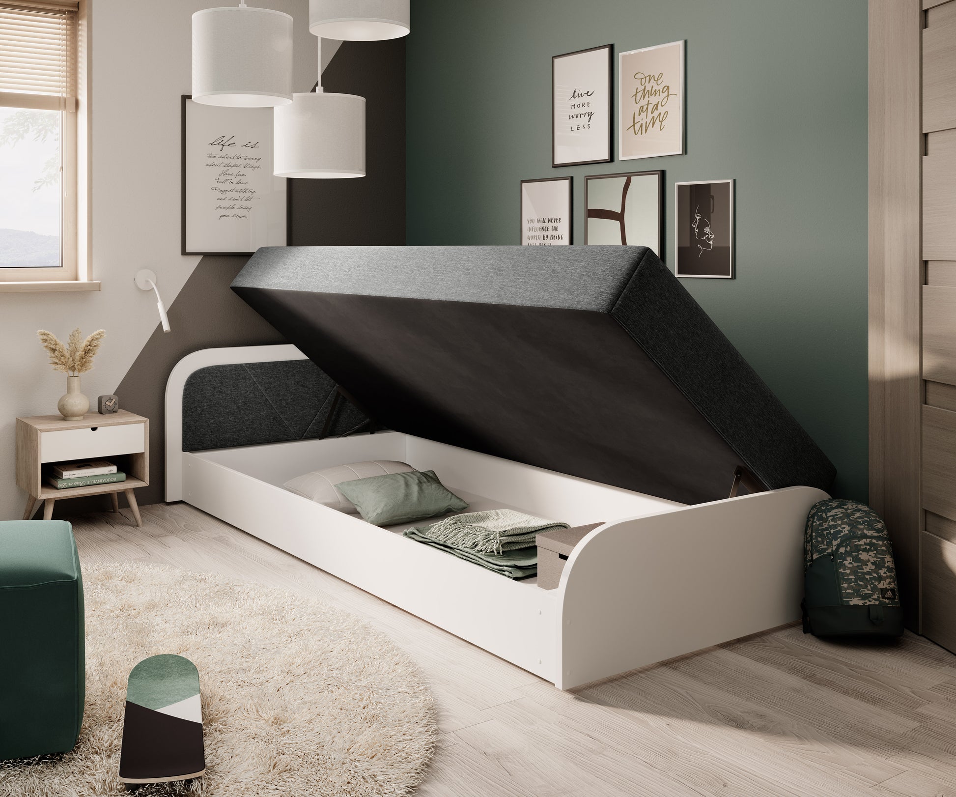 Łóżko Parys II z podniesionym materacem – czarna tapicerka Sawana 21 odsłania pojemną przestrzeń do przechowywania w białej ramie.