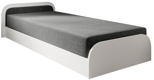 Łóżko Parys II w tapicerce Sawana 21 szary na białym tle, z lewostronnym zagłówkiem i zaokrąglonymi krawędziami ramy.