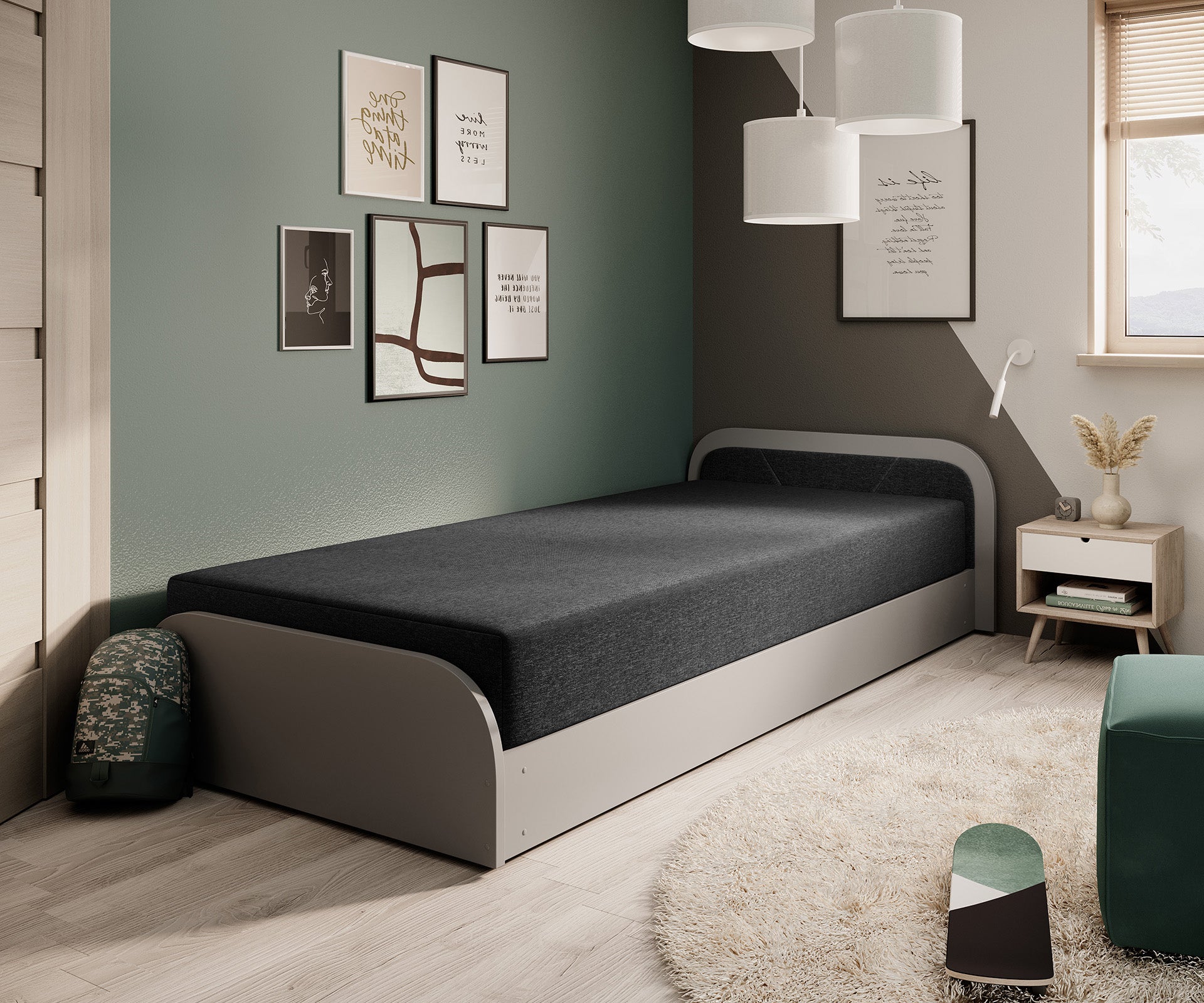 Łóżko Parys II Sawana 14 czarny (układ prawy) w nowoczesnym pokoju z zielono‑grafitową ścianą, białą lampą sufitową i drewnianym stolikiem nocnym.