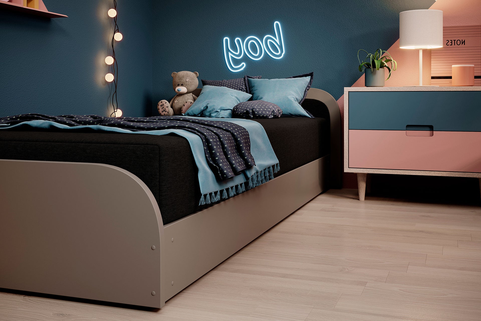 Łóżko Parys II Sawana 14 czarny (układ prawy) w dziecięcej aranżacji z neonowym napisem „boy”, pluszowym misiem na zagłówku i kolorową szafką nocną.