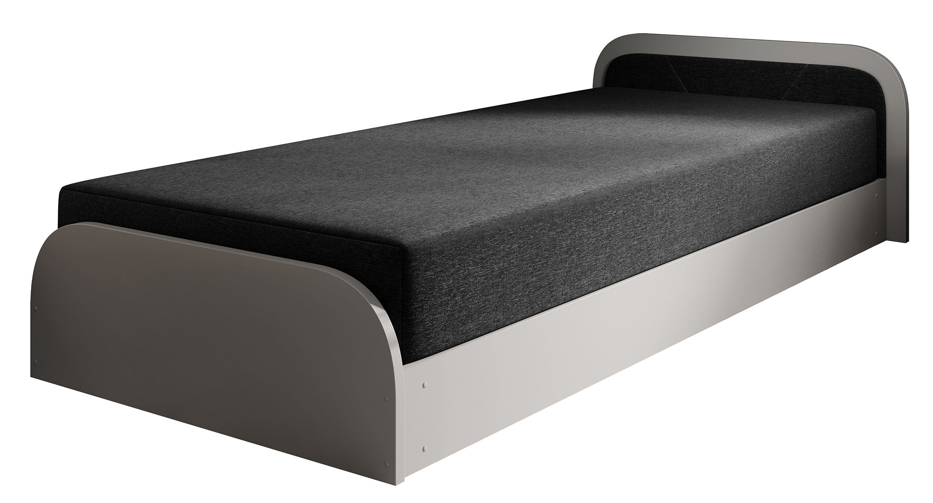 Łóżko Parys II Sawana 14 czarny (układ prawy) na białym tle, z matowoszarym stelażem i antracytowym obiciem materaca.
