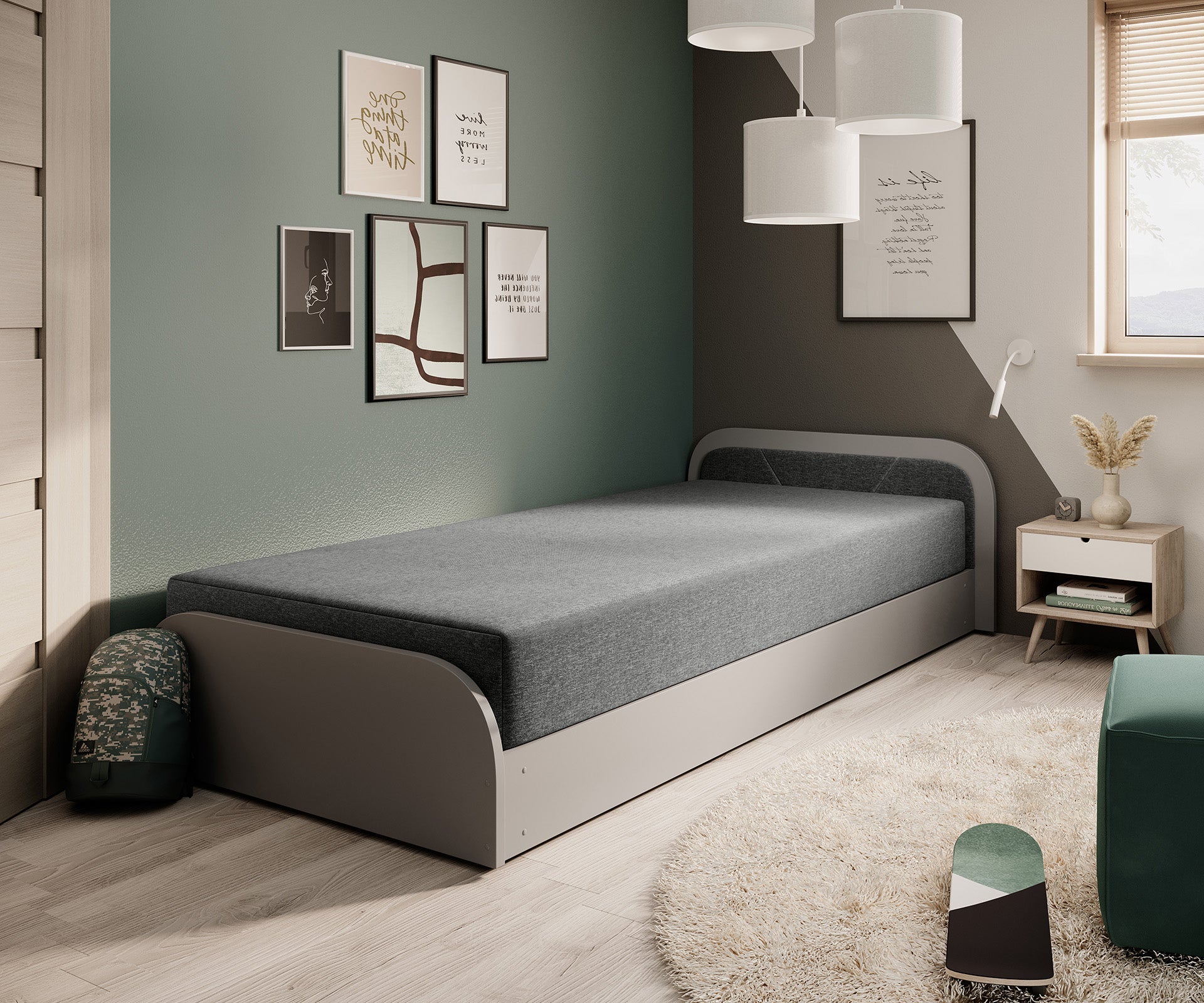 Parys II Sawana 21 (szary, układ prawy) w stylowym wnętrzu z zieloną ścianą, galerią abstrakcyjnych obrazów i skandynawskim stolikiem nocnym.