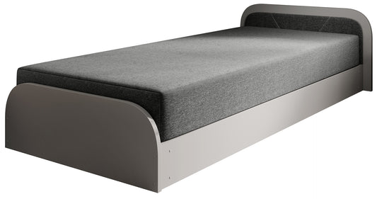 Łóżko Parys II Sawana 21 (szary, układ prawy) na białym tle, z elegancko zaokrąglonym metalowym stelażem i ciemnoszarym obiciem materaca.