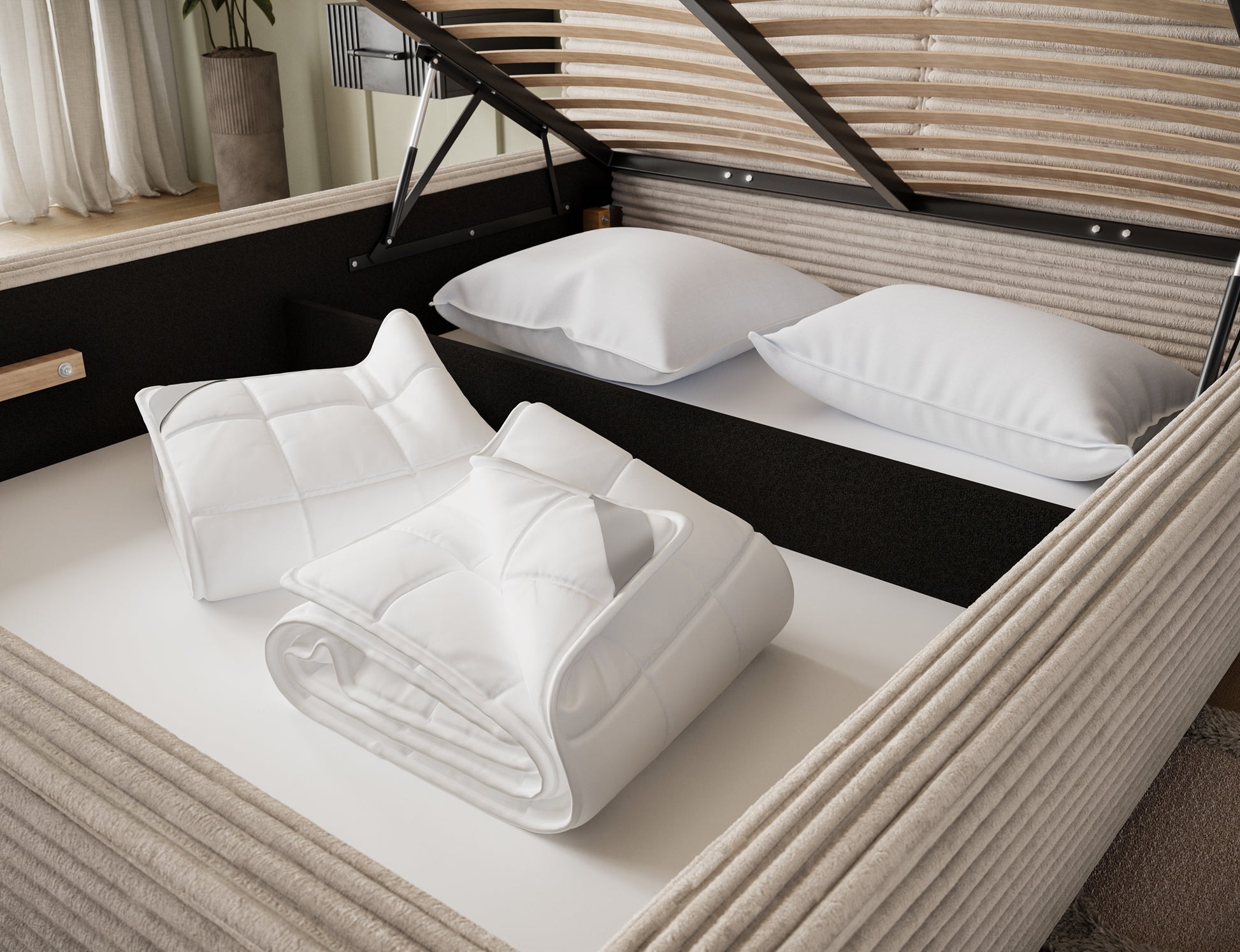 Schowek pod łóżkiem Pesillo Modullo 18 alabastrowym, zbliżenie na metalowy stelaż, siłowniki i przestronny pojemnik na pościel.