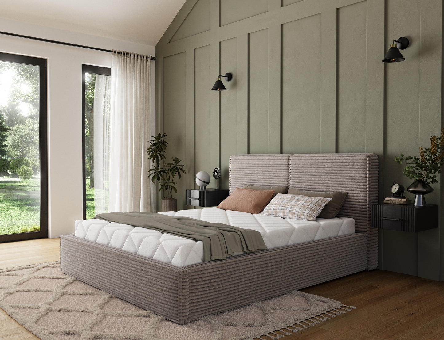 Eleganckie łóżko Pesillo Modullo 20 w kolorze ciemny taupe z ryflowanym zagłówkiem i tapicerowanym korpusem do sypialni