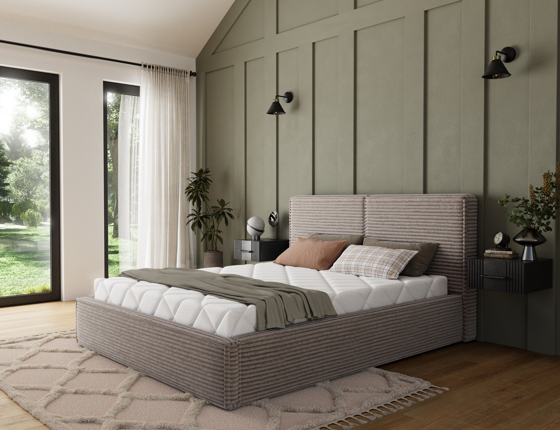 Eleganckie łóżko Pesillo Modullo 20 w kolorze ciemny taupe z ryflowanym zagłówkiem i tapicerowanym korpusem do sypialni