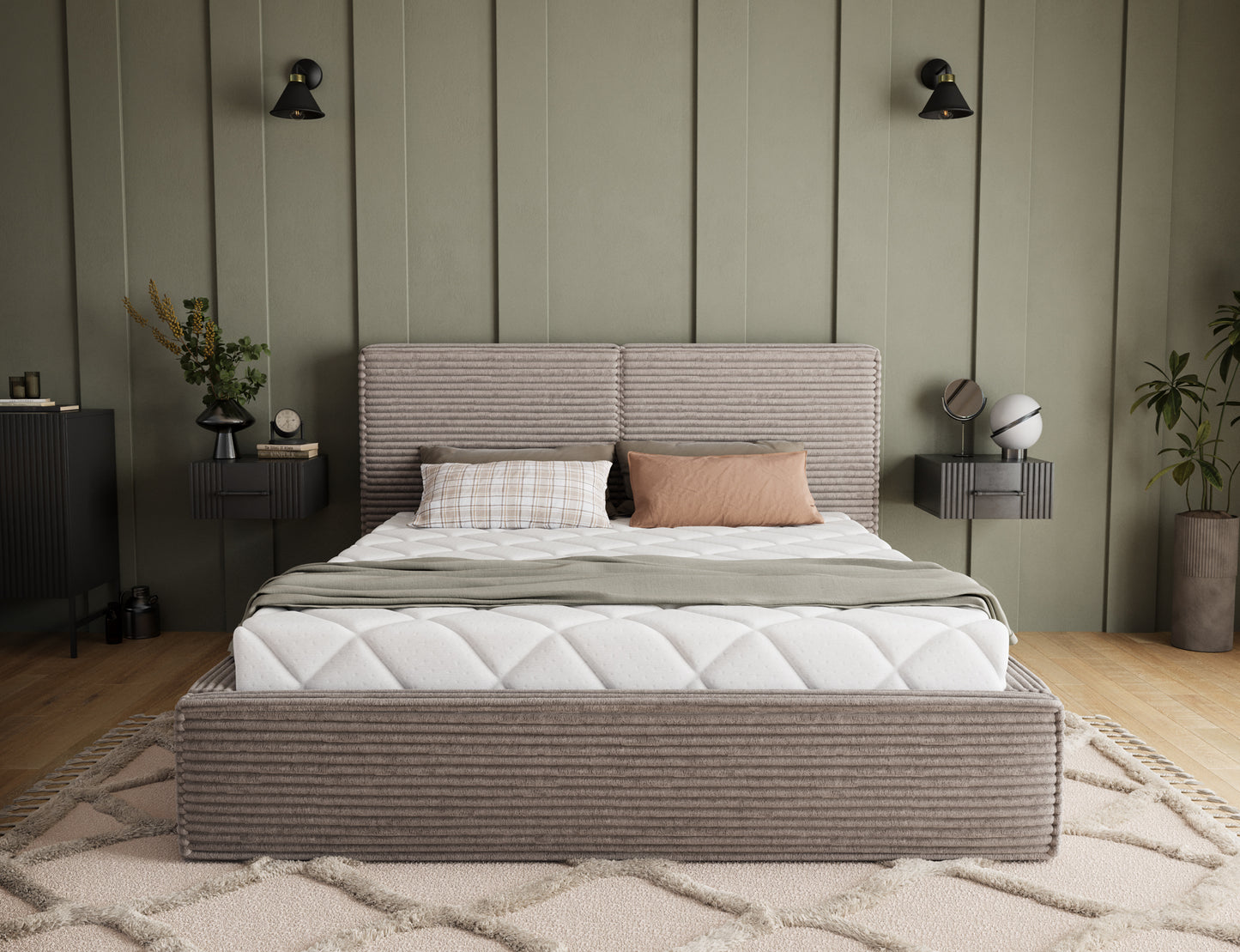 Łóżko Pesillo Modullo 20 ciemny taupe – tapicerowana rama, dekoracyjny zagłówek i minimalistyczny design w nowoczesnej aranżacji