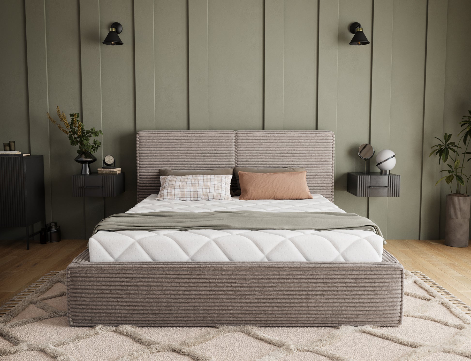 Łóżko Pesillo Modullo 20 ciemny taupe – tapicerowana rama, dekoracyjny zagłówek i minimalistyczny design w nowoczesnej aranżacji