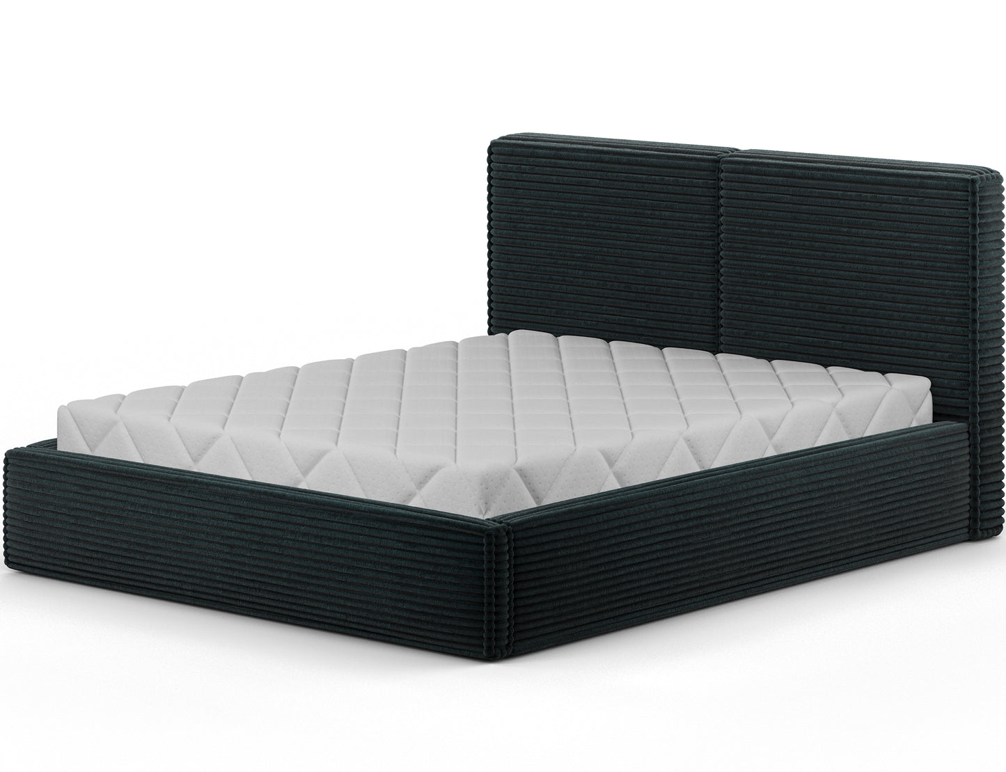 Łóżko Pesillo Modullo 35 w kolorze malachitowym, ujęcie skośne, tapicerowana rama z wyraźną strukturą, nowoczesna forma w aranżacji sypialni