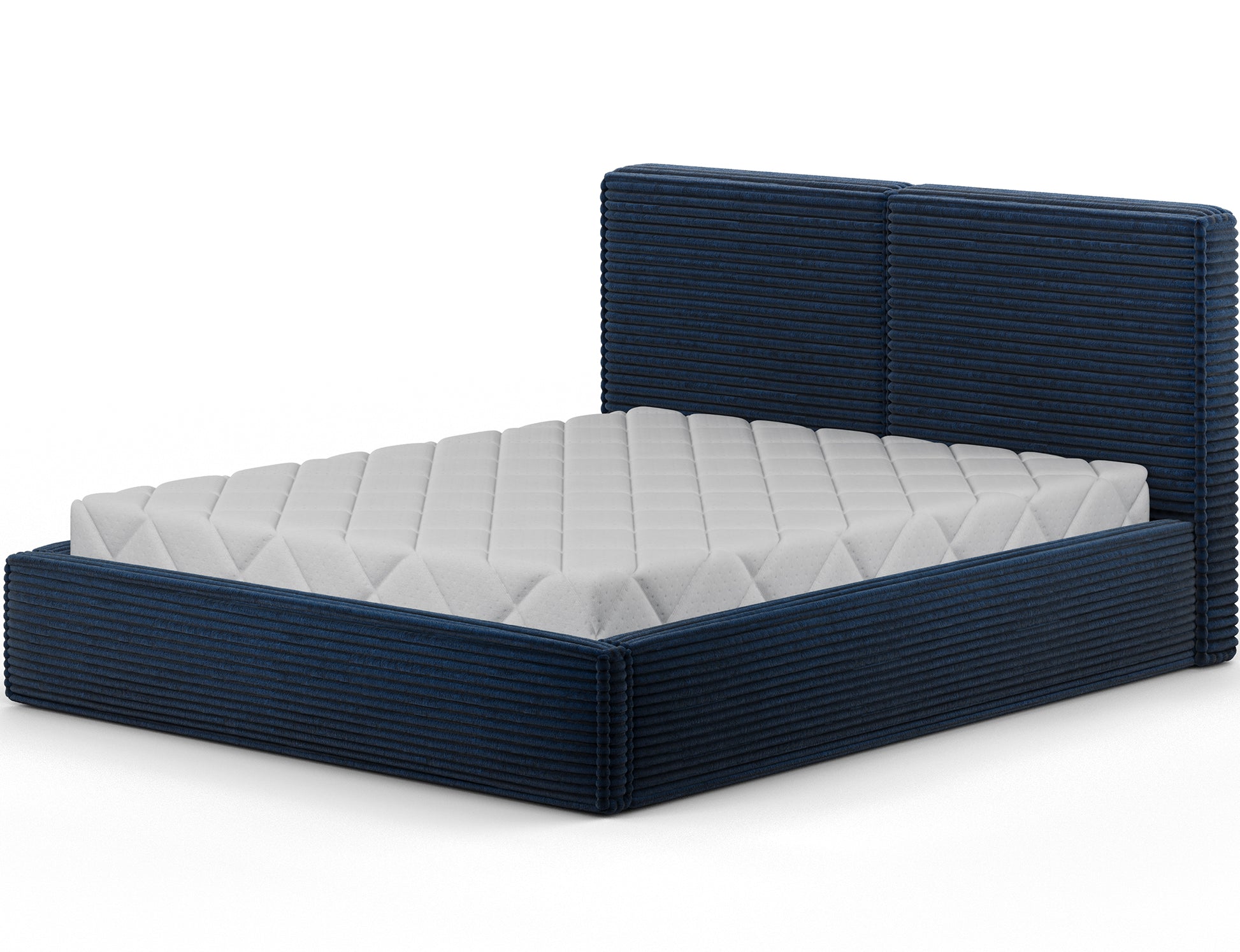 Pesillo Modullo 40 w kolorze zgaszonej ultramaryny, widok skośny prezentujący bryłę łóżka i elegancką tapicerkę korpusu