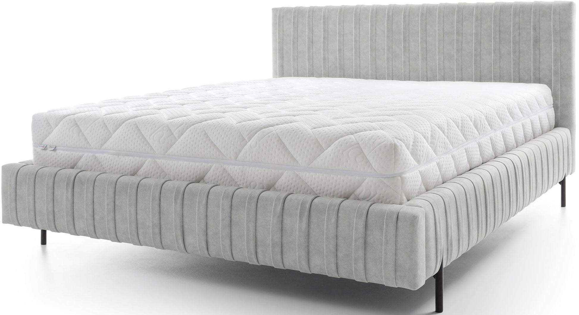 Łóżko Plissa Relax 03 szary 160×200 widziane z przodu na białym tle, z profilowaną ramą i kontrastującym białym materacem.