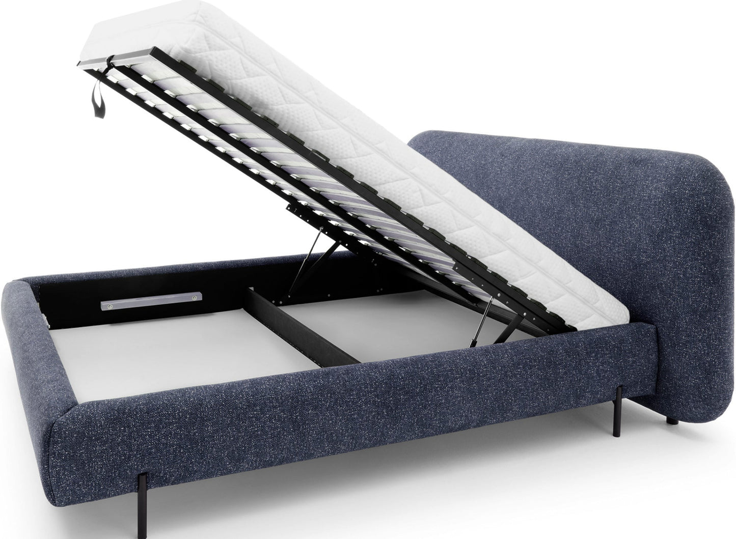 Łóżko Pointt w Breona 40 niebieskie z otwartym pojemnikiem na pościel, unoszonym stelażem i solidnym, tapicerowanym korpusem.