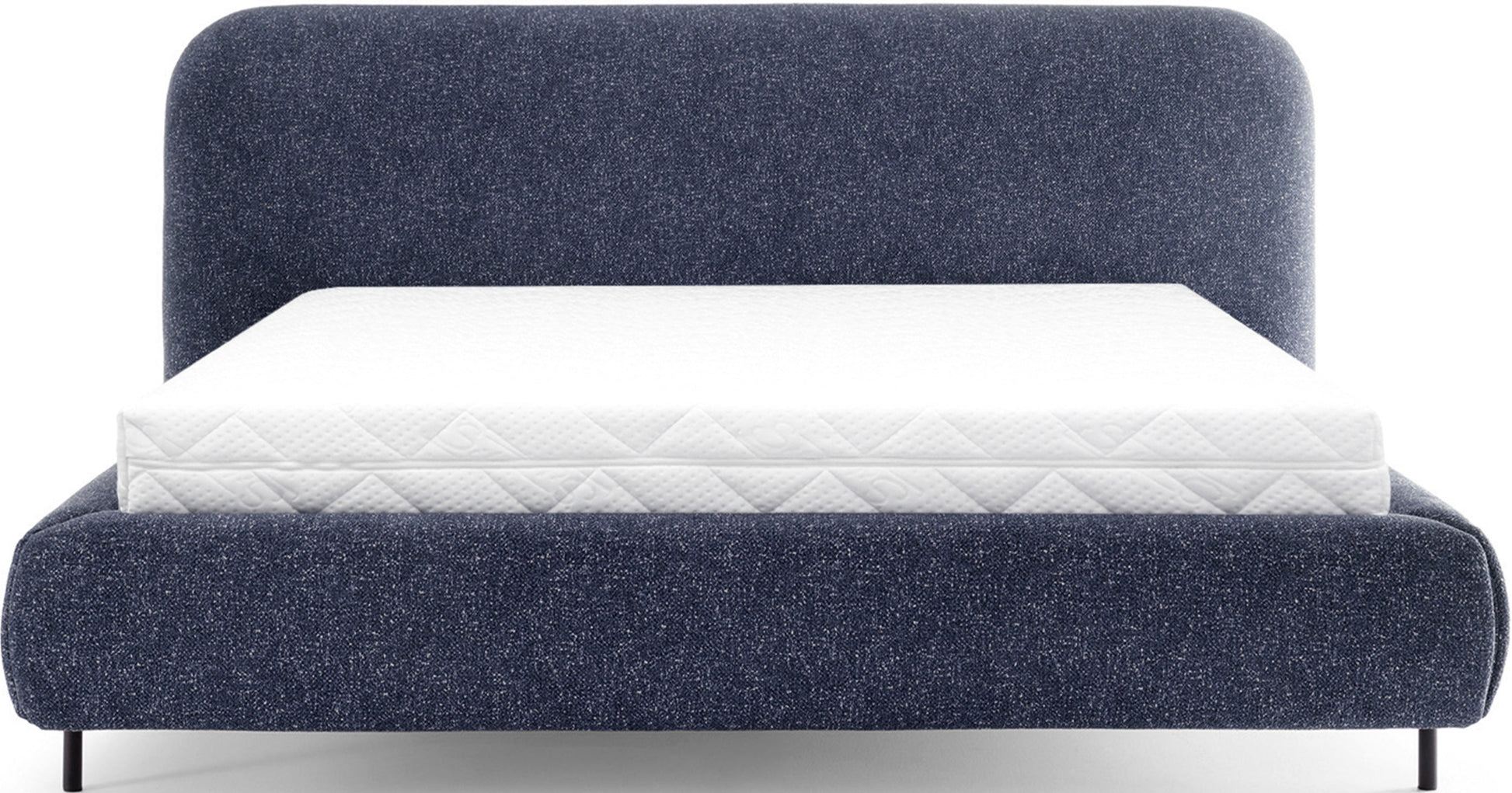 Łóżko Pointt w tkaninie Breona 40 niebieskiej, widok od przodu z prostym materacem, zaokrąglonym zagłówkiem i czarnymi nogami.