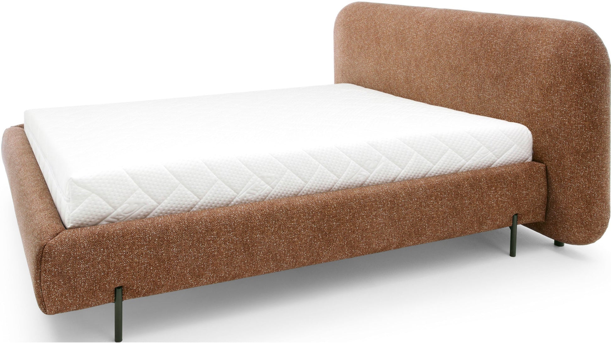 Nowoczesne łóżko Pointt tapicerowane tkaniną Breona 45 żółty z zaokrąglonym zagłówkiem i smukłymi nóżkami, idealne do stylowej sypialni.