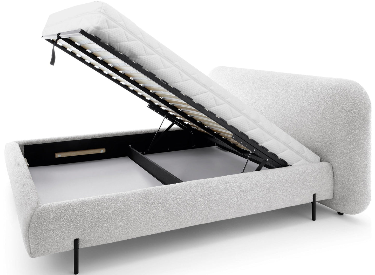 Pojemne łóżko Pointt Jaffray 03 z jasnoszarej tkaniny boucle – otwarty pojemnik na pościel, funkcjonalność i styl w jednym.