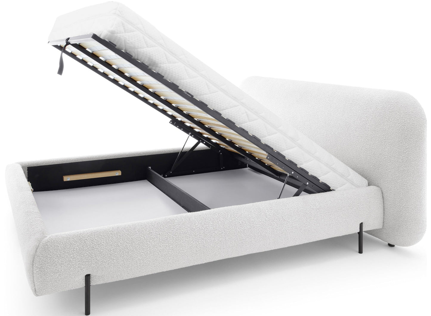 Łóżko Pointt Jaffray 18 jasnobeżowe z podnoszonym stelażem i dużym pojemnikiem na pościel – funkcjonalne i stylowe łóżko tapicerowane.