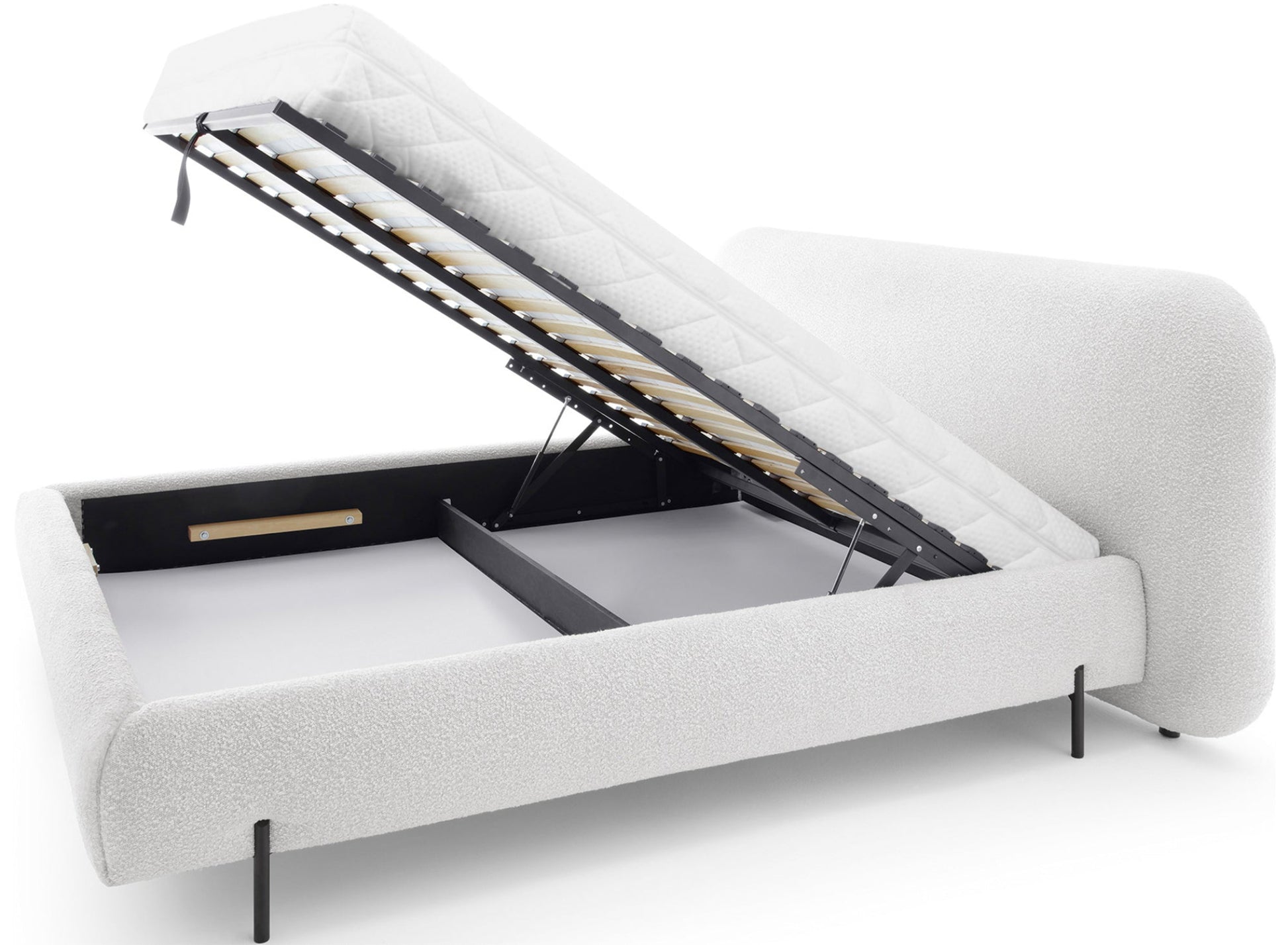 Łóżko Pointt Jaffray 18 jasnobeżowe z podnoszonym stelażem i dużym pojemnikiem na pościel – funkcjonalne i stylowe łóżko tapicerowane.