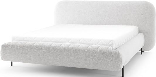 Nowoczesne łóżko Pointt w tkaninie Jaffray 18 jasnobeżowy – zaokrąglony zagłówek, miękka boucle i minimalistyczny design.