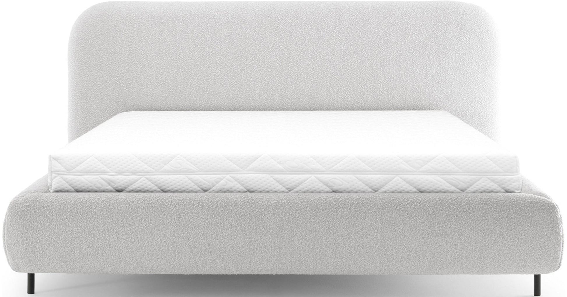 Łóżko Pointt w tkaninie Jaffray 18 jasnobeżowy – widok frontalny z wysokim, zaokrąglonym zagłówkiem i tapicerowanym korpusem na czarnych nóżkach.