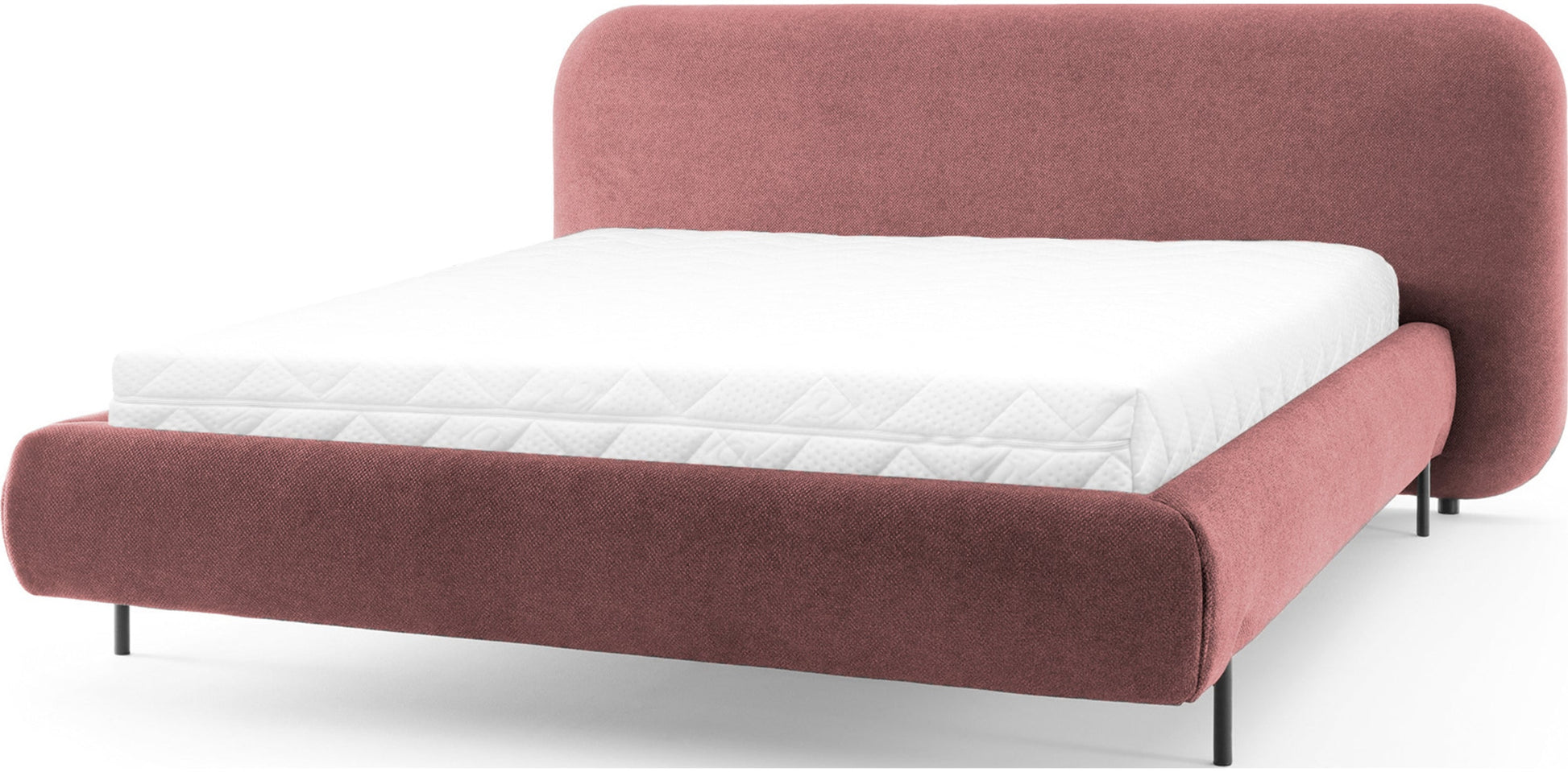Łóżko Pointt Paolli 24 różowe – tapicerowane łóżko nowoczesne z zaokrąglonym zagłówkiem i materacem, elegancki styl pastelowy.