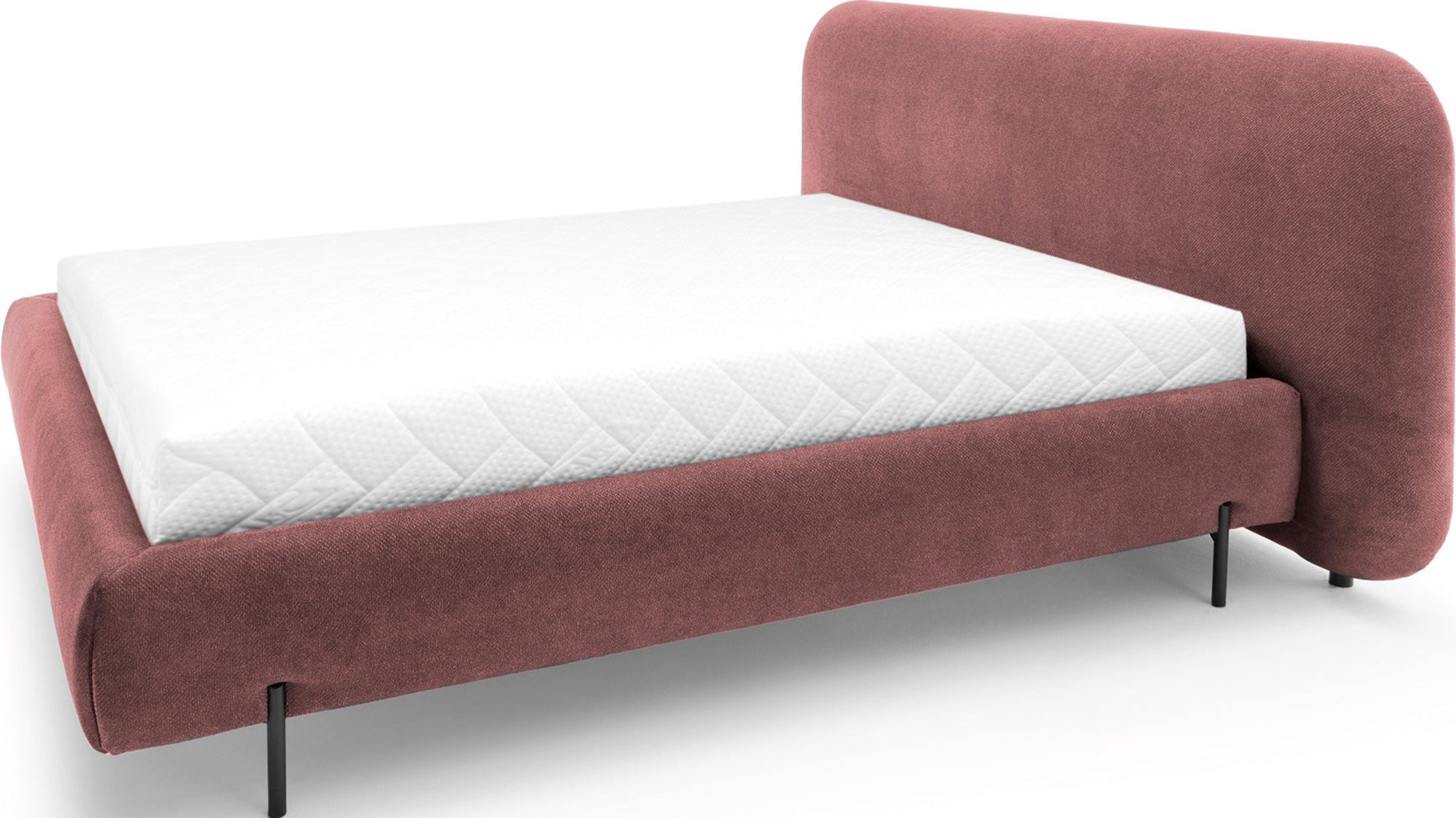 Łóżko Pointt Paolli 24 różowe – ujęcie boczne ukazujące zaokrąglony zagłówek, tapicerowany korpus i czarne metalowe nóżki.