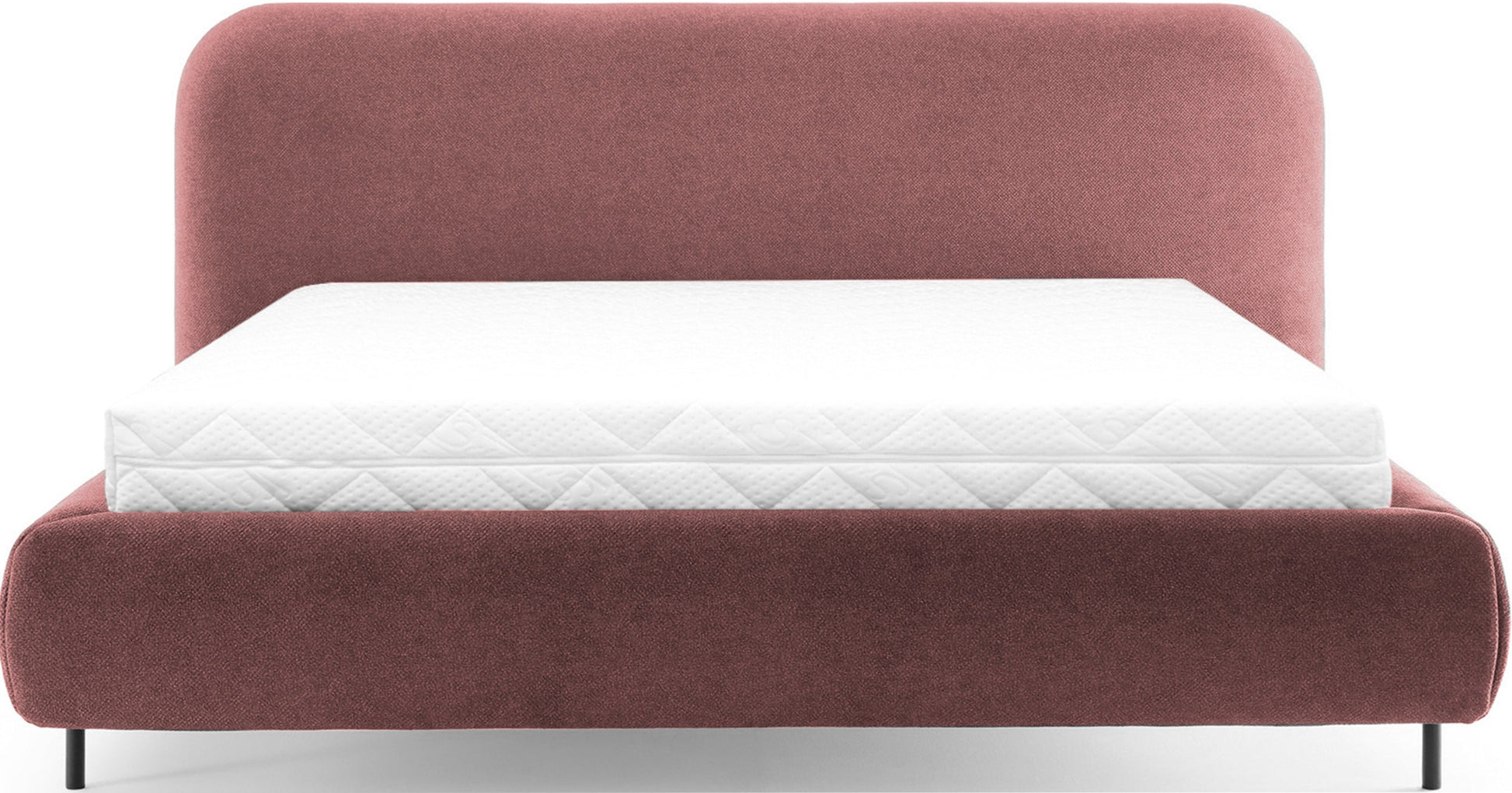 Widok frontalny łóżka Pointt Paolli 24 w kolorze różowym – tapicerowany zagłówek o zaokrąglonych krawędziach, na czarnych, smukłych nóżkach.