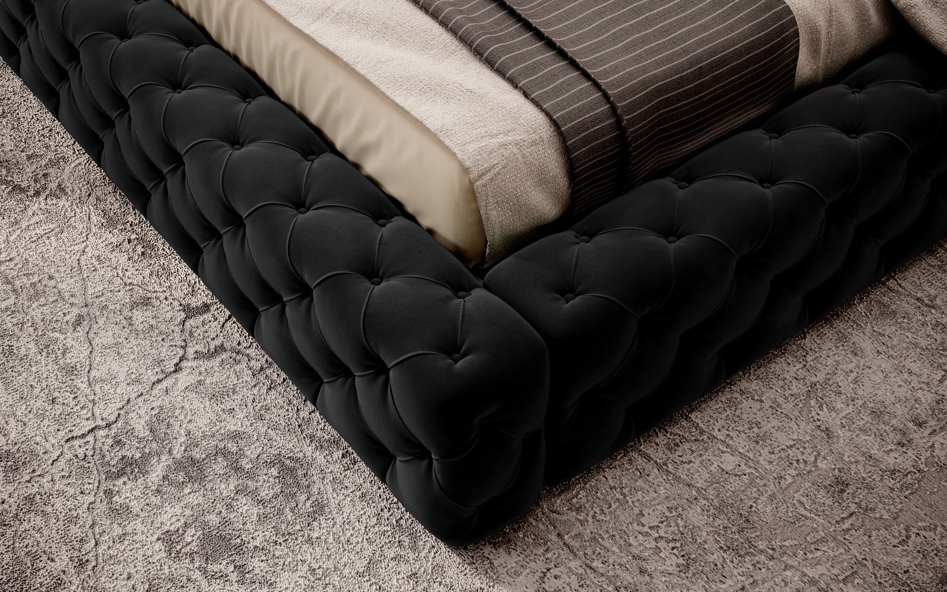 Dolna część łóżka Princce 140x200 Lukso 10 czarny z pikowanym obiciem i jasną narzutą.